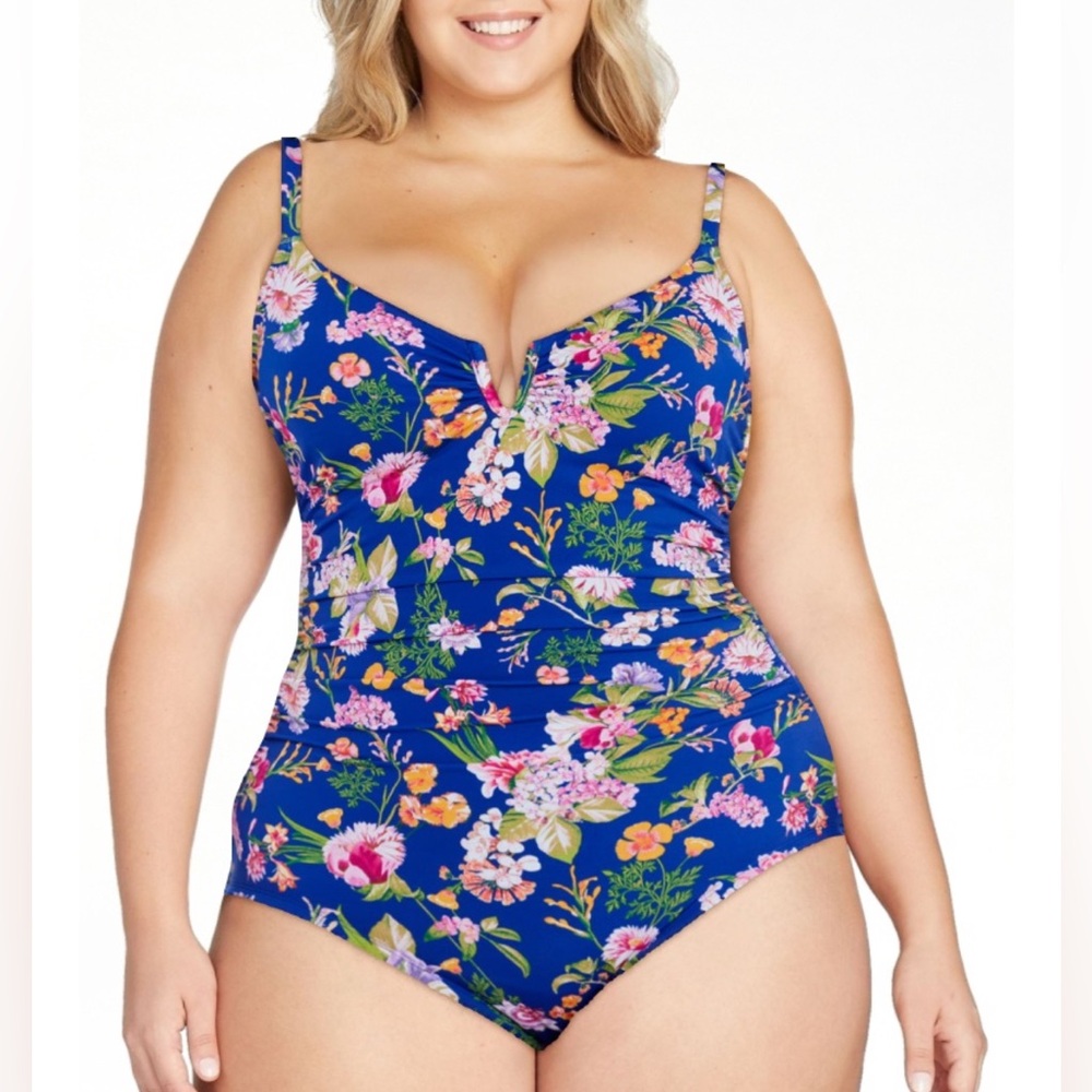 NWT Time and Tru Blue Tropical One Piece Swimsuit Plus Size 2X - Picture 2 of 7